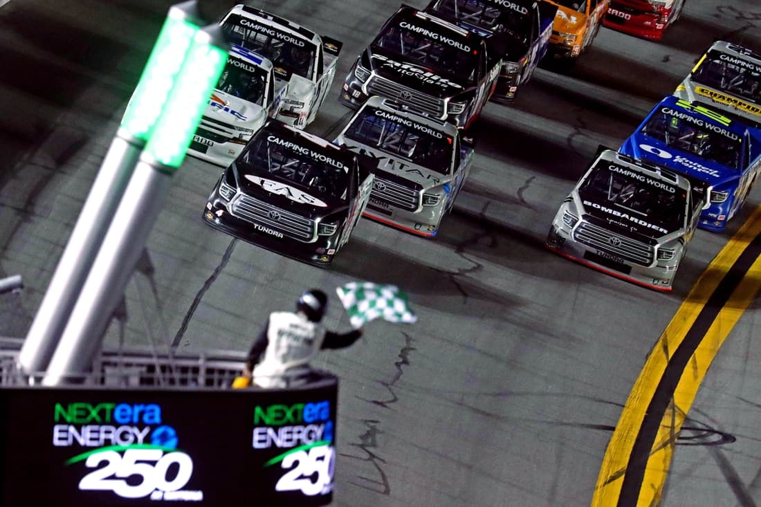 Feb 12, 2021; Daytona Beach, FL, USA; Camping World Truck Series driver John Hunter Nemecheck (4) wins the second stage of the NextEra Energy 250 at Daytona International Speedway. Mandatory Credit: Mark J. Rebilas-USA TODAY Sports