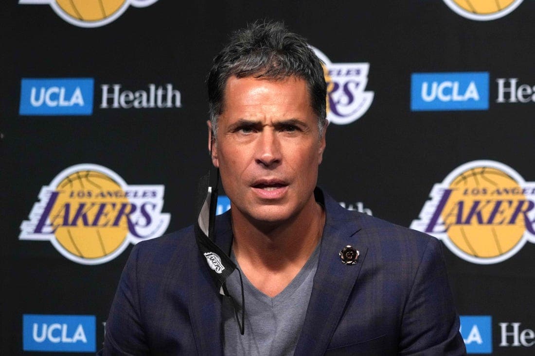 Aug 10, 2021; Los Angeles, California, USA; Los Angeles Lakers general manager Rob Pelinka at press conference at Staples Center. Mandatory Credit: Kirby Lee-USA TODAY Sports