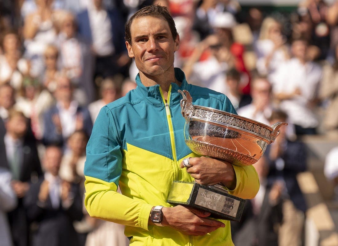 June 5, 2022; Paris, France; Rafael Nadal (ESP) poses with the trophy after winning the men s singles final against Casper Ruud (NOR) on day 15 of the French Open at Stade Roland-Garros. Mandatory Credit: Susan Mullane-USA TODAY Sports