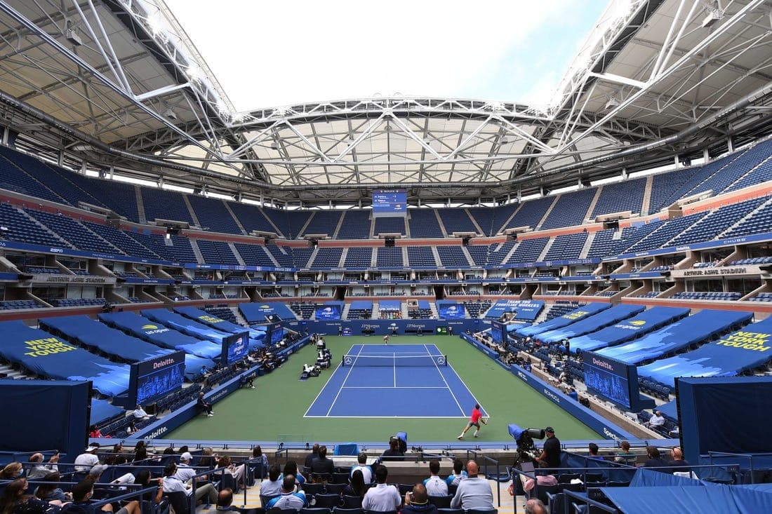 Sep 13, 2020; Flushing Meadows, New York, USA; General view of Arthur Ashe Stadium during the Dominic Thiem of Austria match against Alexander Zverev of Germany in the men
