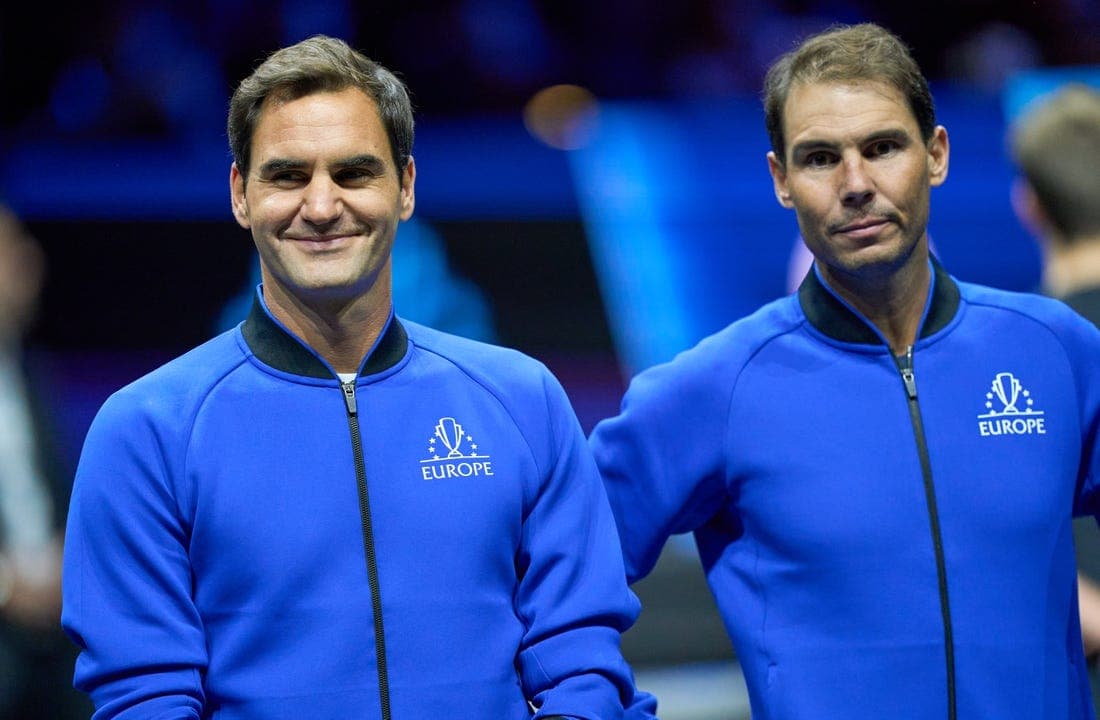 Sep 23, 2022; London, United Kingdom;  Roger Federer (SUI) and Rafael Nadal (ESP) of Team Europe  on court at the opening of the Laver Cup tennis event.  Mandatory Credit: Peter van den Berg-USA TODAY Sports