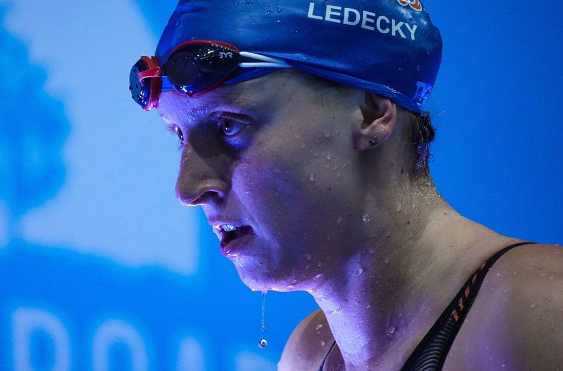 Nov 4, 2022; Indianapolis, IN, USA; United States Katie Ledecky walks off the poo deck after competing in the 200 meter freestyle swim during the FINA Swimming World Cup finals on Friday, Nov 4, 2022; Indianapolis, IN, USA; at Indiana University Natatorium. Mandatory Credit: Grace Hollars-USA TODAY Sports