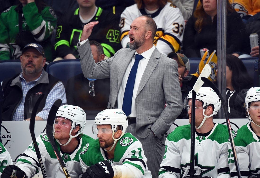 Oct 13, 2022; Nashville, Tennessee, USA; Dallas Stars head coach Peter DeBoer yells from the bench during the first period against the Nashville Predators at Bridgestone Arena. Mandatory Credit: Christopher Hanewinckel-USA TODAY Sports