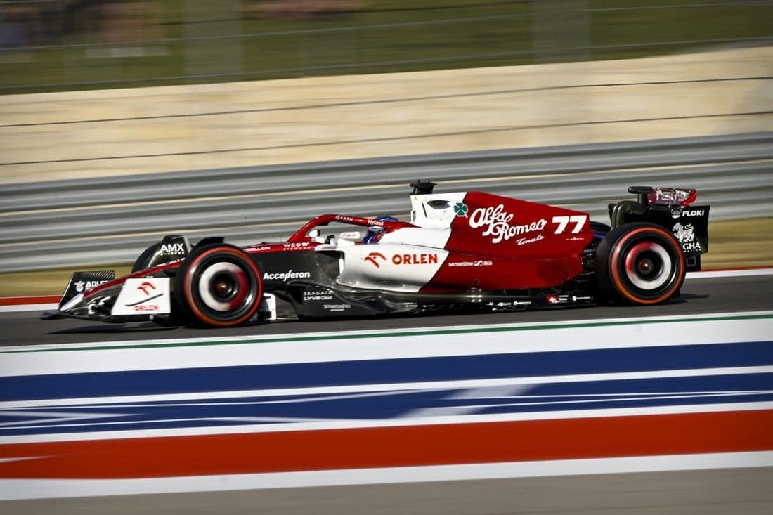Oct 22, 2022; Austin, Texas, USA; Alfa Romeo F1 Team ORLEN driver Valtteri Bottas (77) of Team Finland drives during qualifying for the U.S. Grand Prix at Circuit of the Americas. Mandatory Credit: Jerome Miron-USA TODAY Sports