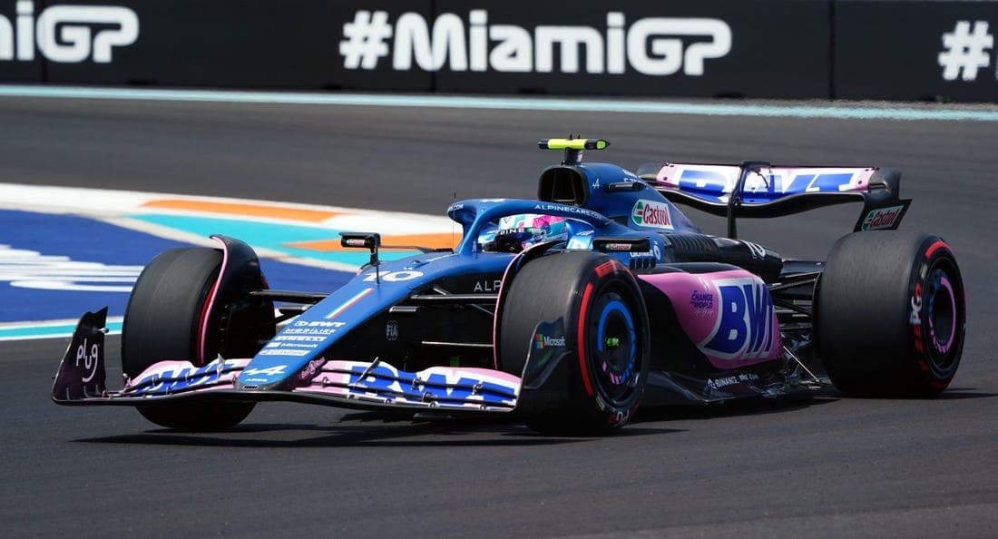 May 5, 2023; Miami Gardens, Florida, USA; Alpine driver Pierre Gasly (10) of France races out of turn one during the first practice at Miami International Autodrome. Mandatory Credit: John David Mercer-USA TODAY Sports