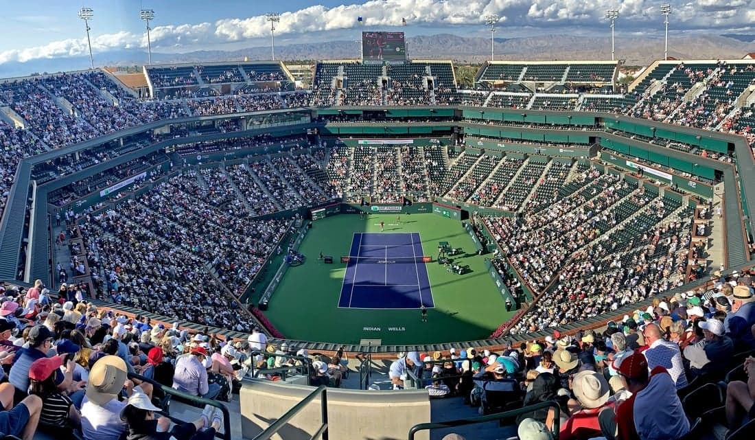 Mar 16, 2023; Indian Wells, CA, USA; General view of stadium court during the quarterfinal match between Jannik Sinner (ITA) and Taylor Fritz (USA) in the BNP Paribas Open at the Indian Wells Tennis Garden. Mandatory Credit: Jayne Kamin-Oncea-USA TODAY Sports