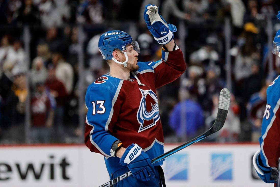 Jan 8, 2024; Denver, Colorado, USA; Colorado Avalanche right wing Valeri Nichushkin (13) celebrates after the game against the Boston Bruins at Ball Arena. Mandatory Credit: Isaiah J. Downing-USA TODAY Sports