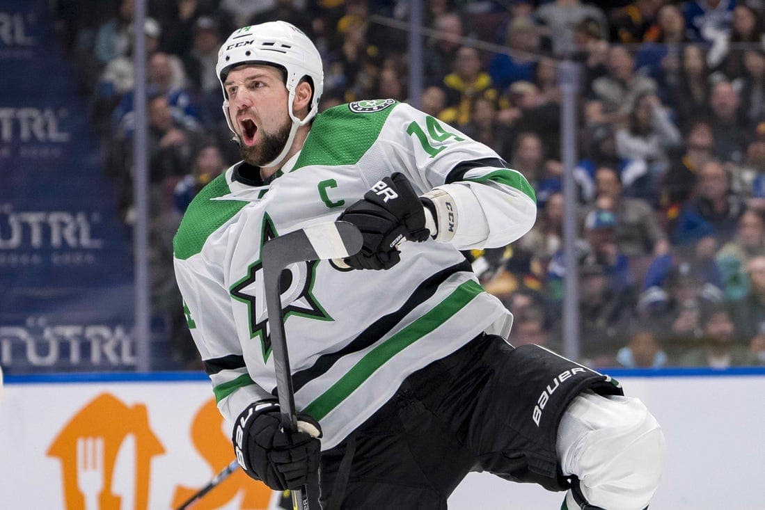 Mar 28, 2024; Vancouver, British Columbia, CAN; Dallas Stars forward Jamie Benn (14) celebrates his goal against the Vancouver Canucks in the third period at Rogers Arena. Dallas won 3 - 1. Mandatory Credit: Bob Frid-USA TODAY Sports