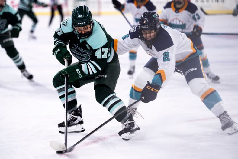Boston Fleet forward Jamie Lee Rattray wards off Sirens rookie defender Dayle Ross.