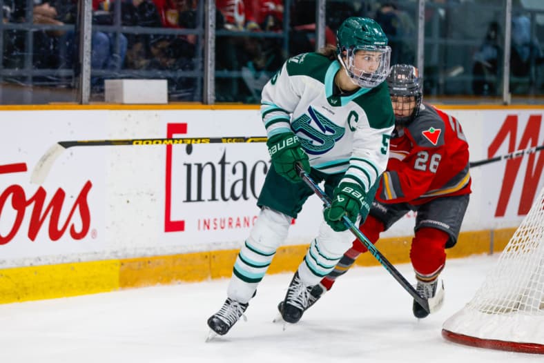 Boston Fleet captain Megan Keller carries the puck against the Ottawa Charge.