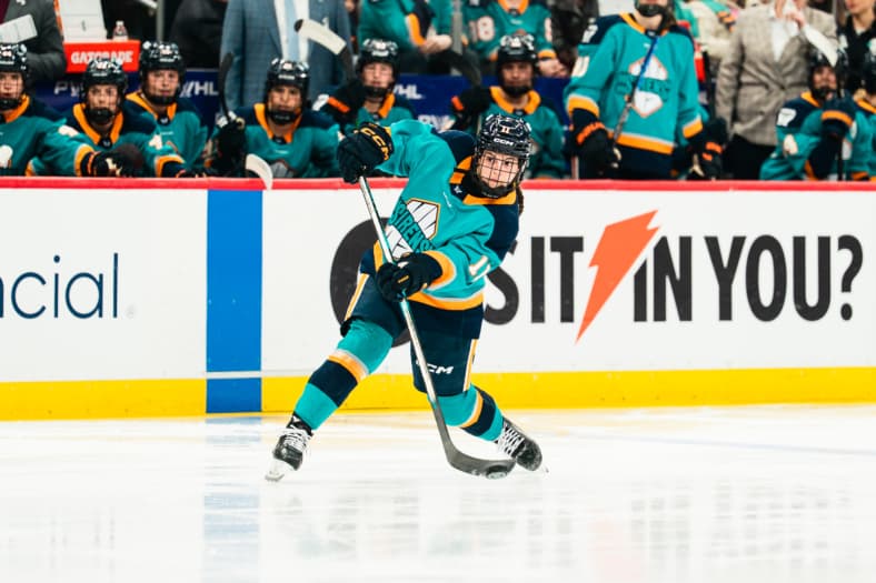 New York Sirens rookie defender Nicole Vallario fires a shot against the Minnesota Frost.