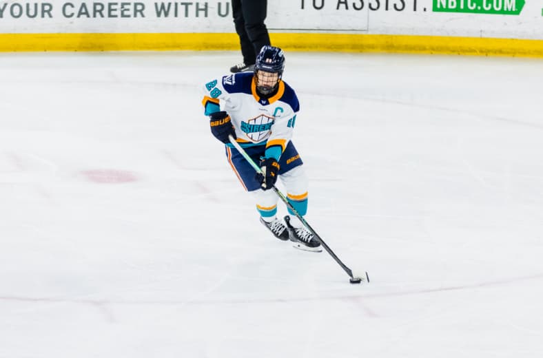 New York Sirens captain Micah Zandee-Hart carries the puck against the Boston Fleet.