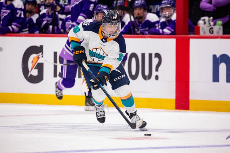 New York Sirens rookie star Kristyna Kaltounkova carries the puck through the zone against the Minnesota Frost.