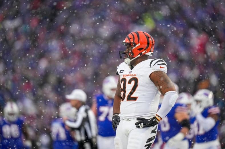Cincinnati Bengals defensive tackle B.J. Hill (92) paces after Buffalo Bills quarterback Josh Allen (17) runs for a touchdown in