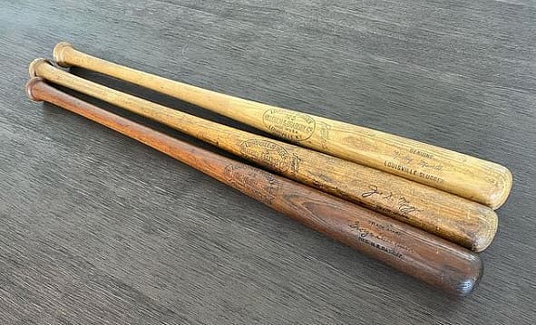 Babe Ruth, Joe DiMaggio, Mickey Mantle bats (via Robert Shelling)