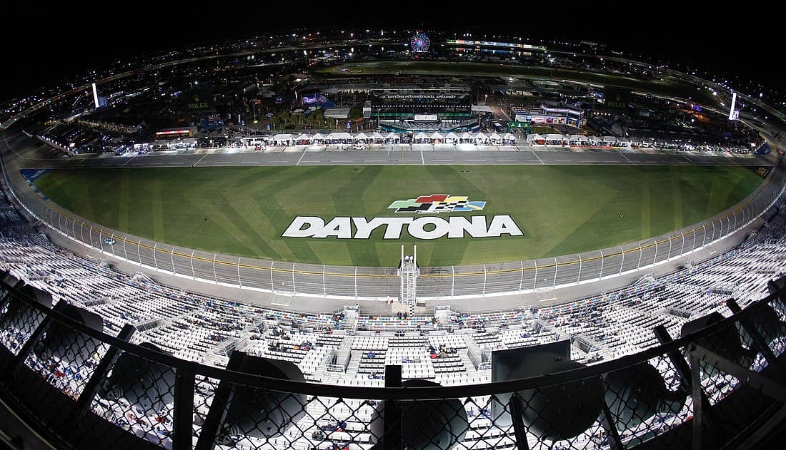Jan 28, 2023; Daytona Beach, FL, USA; A birds eye view of the track during the Rolex 24 Hour auto race at Daytona International Speedway. Mandatory Credit: Reinhold Matay-USA TODAY Sports