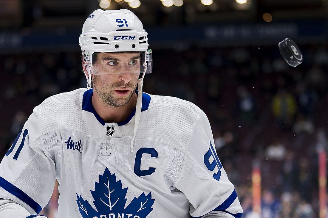 Mar 4, 2023; Vancouver, British Columbia, CAN; Toronto Maple Leafs forward John Tavares (91) handles the puck during warm up prior to a game against the Vancouver Canucks at Rogers Arena. Mandatory Credit: Bob Frid-USA TODAY Sports