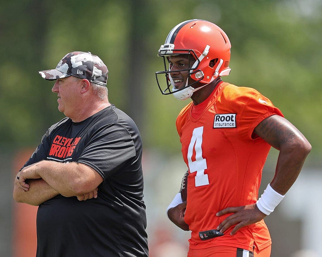 Browns quarterback Deshaun Watson and offensive coordinator Alex Van Pelt watch from the sideline during the 2022 training camp in Berea.
Camp Watson 5