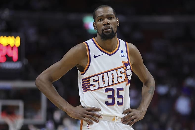 Jan 29, 2024; Miami, Florida, USA; Phoenix Suns forward Kevin Durant (35) looks on against the Miami Heat during the fourth quarter at Kaseya Center. Mandatory Credit: Sam Navarro-USA TODAY Sports