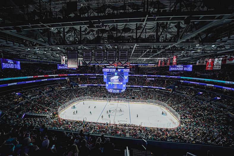 A 17,228 crowd at Capital One Arena in Washington, D.C. for a PWHL Takeover Tour game between the New York Sirens and Montreal Victoire.