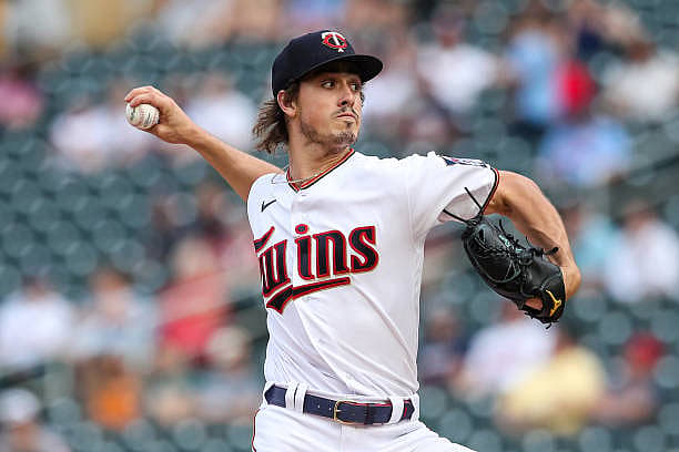 MINNEAPOLIS, MN – JUNE 21: Joe Ryan #41 of the Minnesota Twins delivers a pitch against the Cleveland Guardians in the first…