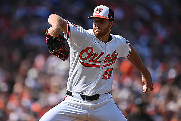 BALTIMORE, MD – MARCH 26:  Trevor Rogers #28 of the Baltimore Orioles pitches in the first inning against the Minnesota Twin…