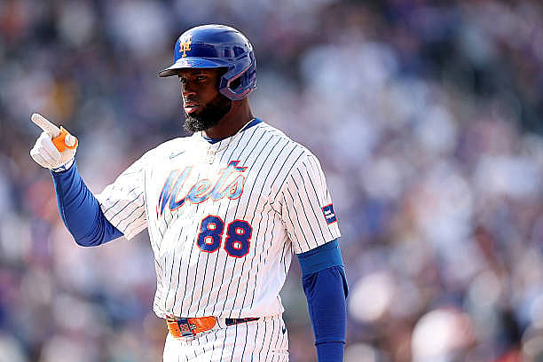 NEW YORK, NY – MARCH 26:  Luis Robert Jr. #88 of the New York Mets celebrates after hitting an RBI single in the fourth inni…