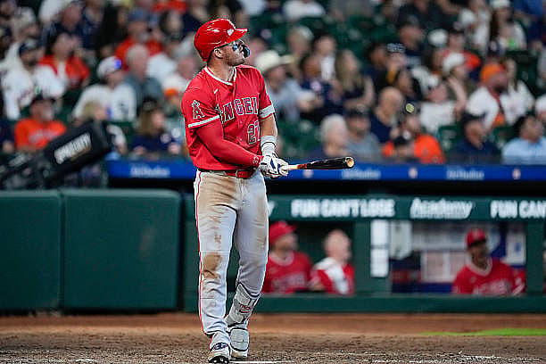 HOUSTON, TX – MARCH 26: Mike Trout #27 of the Los Angeles Angels looks on after hitting a solo home run in the seventh innin…