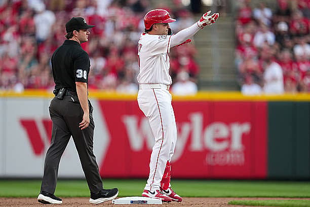 CINCINNATI, OH – MARCH 26:  Sal Stewart #27 of the Cincinnati Reds reacts after hitting a ground-rule double in the eighth i…