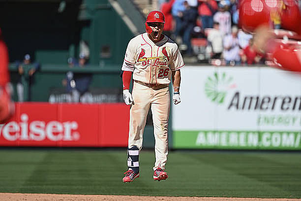 ST LOUIS, MISSOURI – MARCH 28: JJ Wetherholt #26 of the St. Louis Cardinals celebrates after hitting a walk-off two run sing…