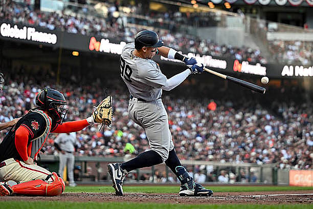 SAN FRANCISCO, CALIFORNIA – MARCH 28: Aaron Judge #99 of the New York Yankees hits a home run against the San Francisco Gian…