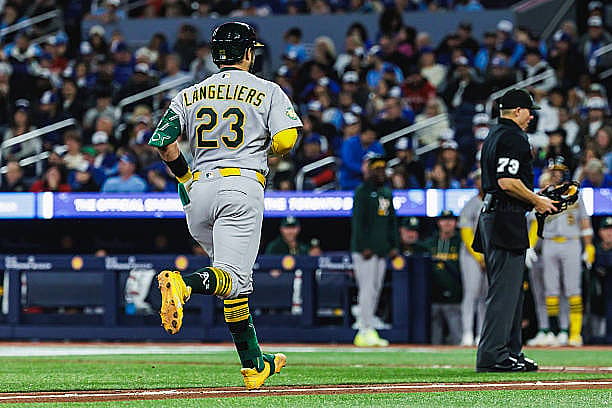 TORONTO, ON – MARCH 28: Oakland Athletics catcher Shea Langeliers (23) is seen after hitting a grand slam in the top of the…