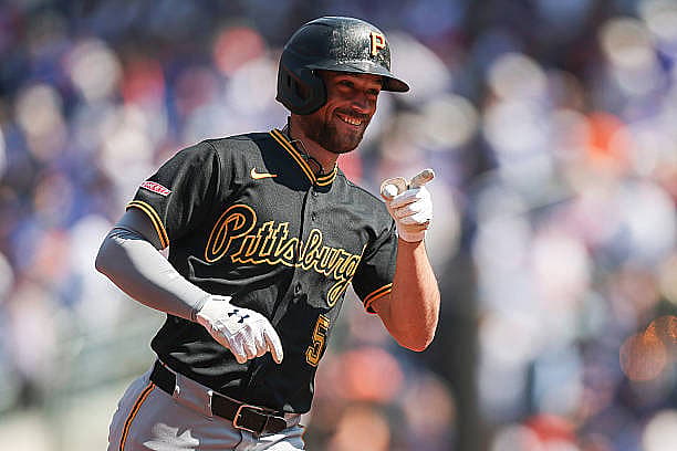 NEW YORK, NEW YORK – MARCH 26: Brandon Lowe #5 of the Pittsburgh Pirates reacts to hitting a 2-run home run during the first…