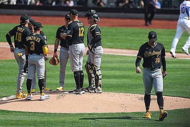 NEW YORK, NEW YORK – MARCH 26: Paul Skenes #30 of the Pittsburgh Pirates walks off the field after being taken out of the ga…