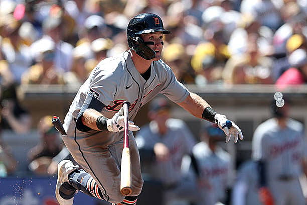 SAN DIEGO, CALIFORNIA – MARCH 26: Kevin McGonigle of the Detroit Tigers connects for a double during the third inning of a g…