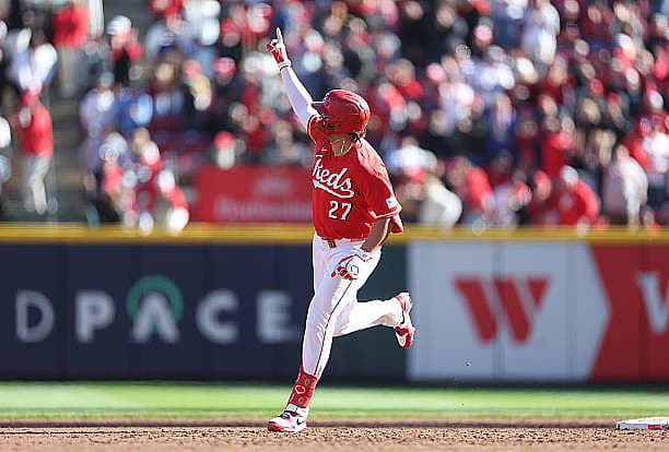 CINCINNATI, OHIO – MARCH 28: Sal Stewart of the Cincinnati Reds celebrates after hitting a home run in the third inning agai…
