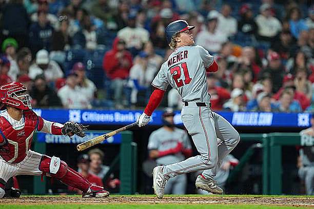PHILADELPHIA, PENNSYLVANIA – MARCH 30: Joey Wiemer #21 of the Washington Nationals bats against the Philadelphia Phillies at…