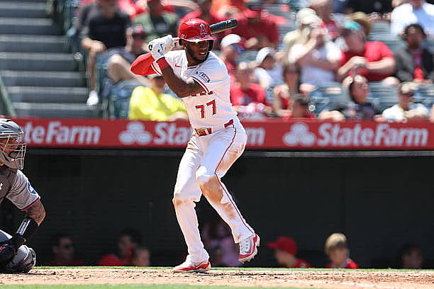 ANAHEIM, CA – MAY 25:  Tim Anderson #77 of the Los Angeles Angels bats during the game against the Miami Marlins at Angel St…