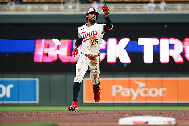 MINNEAPOLIS, MINNESOTA – APRIL 14: Byron Buxton #25 of the Minnesota Twins runs the bases on a solo home run in the third in…