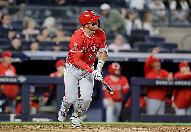 NEW YORK, NEW YORK – APRIL 13:  Mike Trout #27 of the Los Angeles Angels hits a two-run home run in the eighth inning agains…