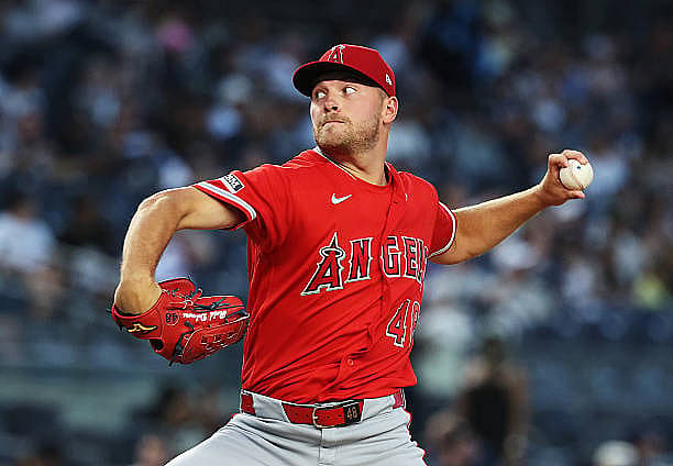 NEW YORK, NEW YORK – APRIL 14: Reid Detmers #48 of the Los Angeles Angels pitches against the New York Yankees during their…