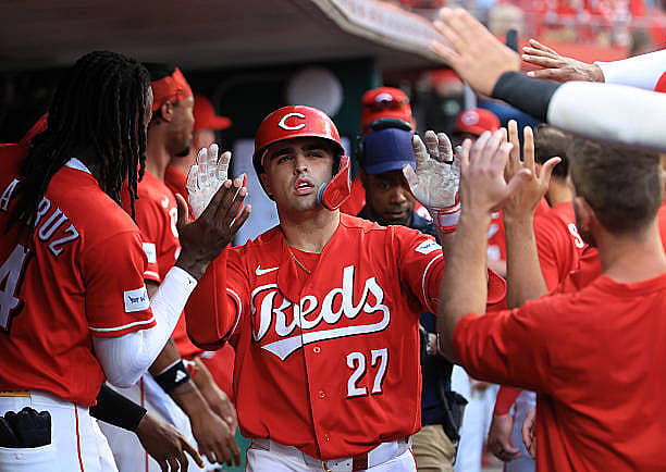 CINCINNATI, OHIO – APRIL 14: Sal Stewart #27 of the Cincinnati Reds celebrates a home run during the fourth inning against t…