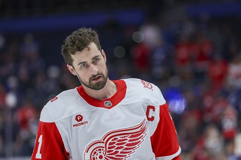 Apr 13, 2026; Tampa, Florida, USA; Detroit Red Wings center Dylan Larkin (71) warms up before a game against the Tampa Bay L…
