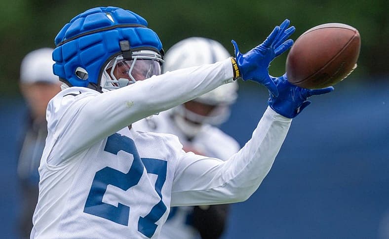 Indianapolis Colts cornerback Justin Walley (27) pulls in a pass Monday, June 1, 2026, during practice at the Indiana Farm