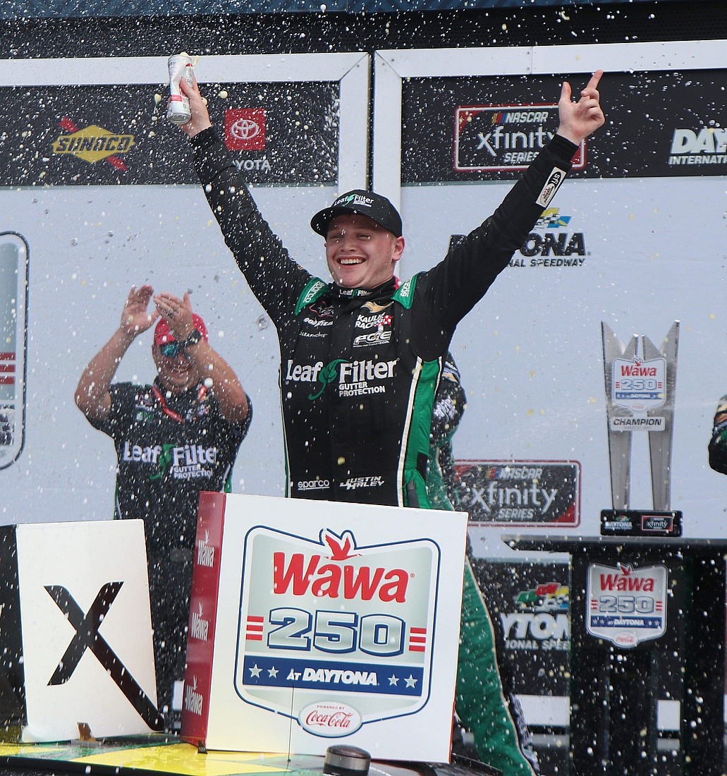 Justin Haley no. 11 celebrates in Victory Lane after winning the Wawa 250, Saturday August 28, 2021 at Daytona International Speedway.

Dtb Wawa 250 Vl 2