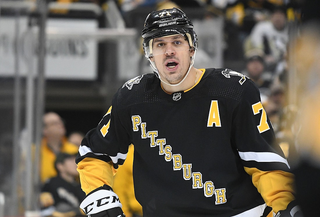 Jan 28, 2022; Pittsburgh, Pennsylvania, USA;  Pittsburgh Penguins  center Evgeni Malkin (72) waits for a face off against the Detroit Red Wings in the second period at PPG Paints Arena. Mandatory Credit: Philip G. Pavely-USA TODAY Sports