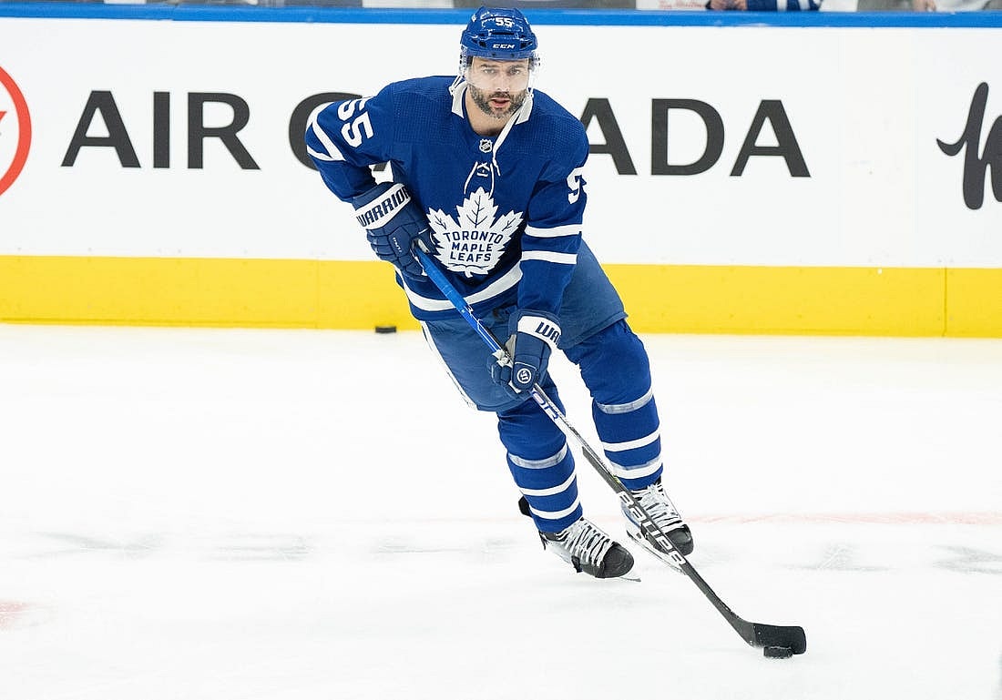 May 10, 2022; Toronto, Ontario, CAN; Toronto Maple Leafs defenseman Mark Giordano (55) skates during the warmup of game five of the first round of the 2022 Stanley Cup Playoffs against the Tampa Bay Lightning at Scotiabank Arena. Mandatory Credit: Nick Turchiaro-USA TODAY Sports