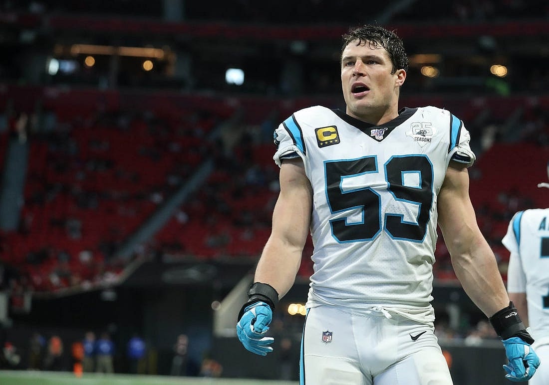 Dec 8, 2019; Atlanta, GA, USA; Carolina Panthers middle linebacker Luke Kuechly (59) greets teammates after a touchdown in the fourth quarter against the Atlanta Falcons at Mercedes-Benz Stadium. Mandatory Credit: Jason Getz-USA TODAY Sports