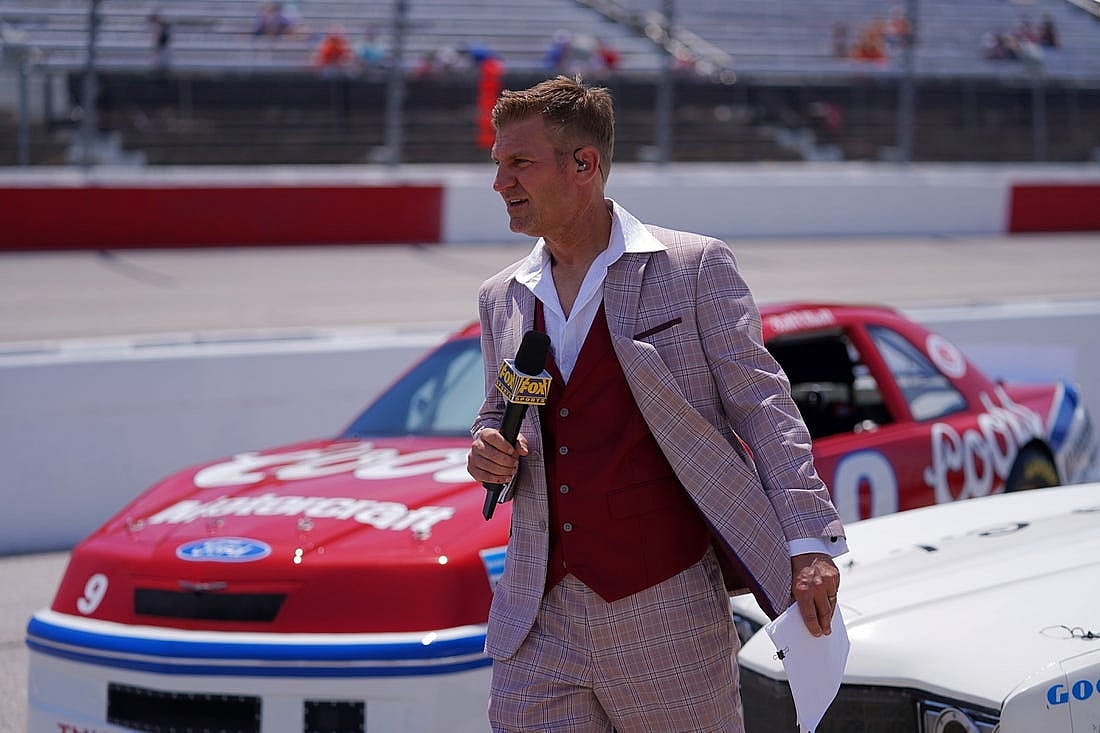 May 9, 2021; Darlington, South Carolina, USA; Fox Sports analyst and former NASCAR driver Clint Bowyer on pit road prior to the Goodyear 400 at Darlington Raceway. Mandatory Credit: Jasen Vinlove-USA TODAY Sports