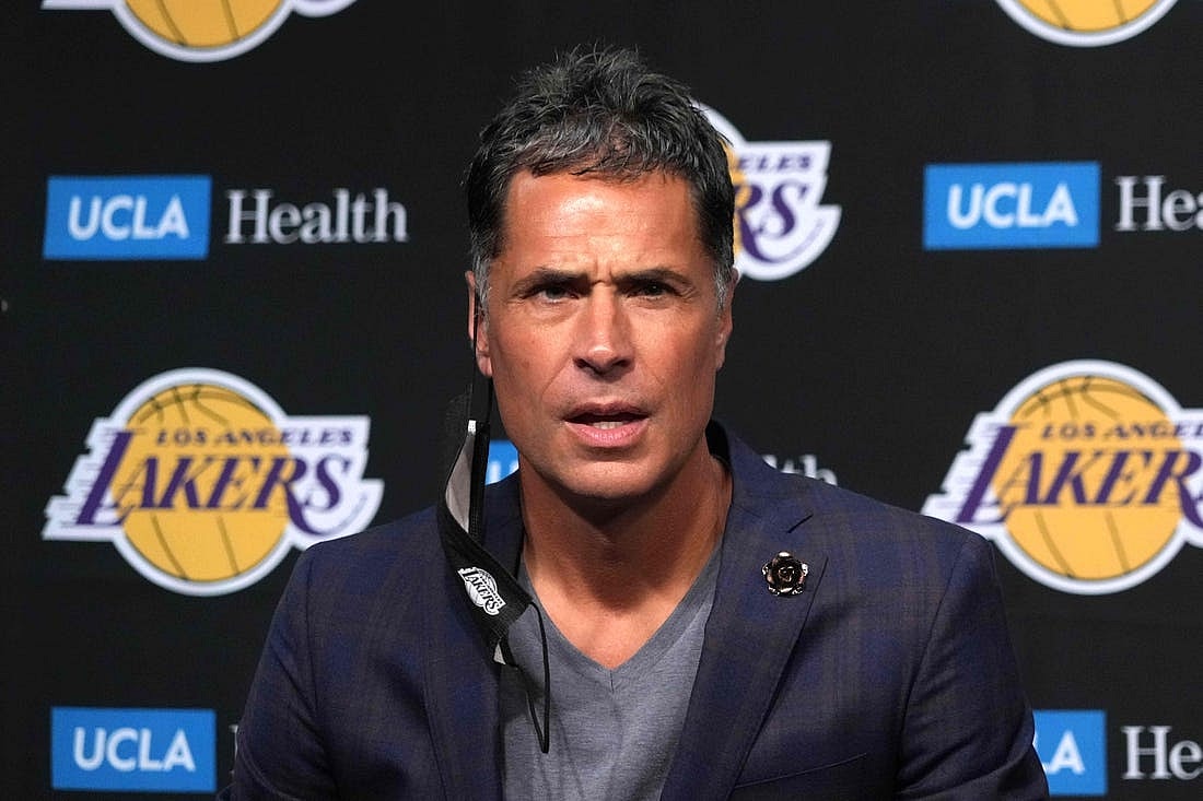 Aug 10, 2021; Los Angeles, California, USA; Los Angeles Lakers general manager Rob Pelinka at press conference at Staples Center. Mandatory Credit: Kirby Lee-USA TODAY Sports